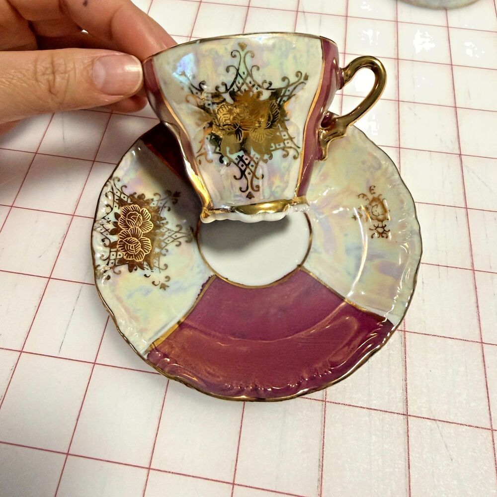 Vintage, 12 pc Sterling China Japan, Demitasse Set, Striped 6 cups and 6 plates